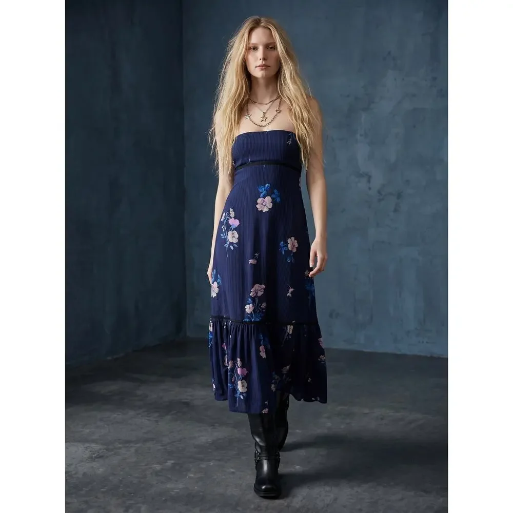 Free People Bohemian Rosie Posie Strapless Midi Dress Blue Floral Size Small